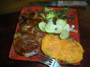 Grilled Portobello Steaks, Sweet Potato, Roasted Broccoli, Grilled Zucchini & Onion