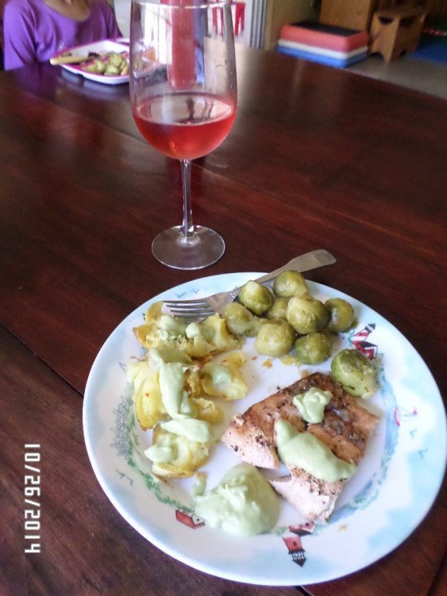 Salmon grilled, brussel sprouts, and crispy smashed potatoes with garlic avocado aoli!